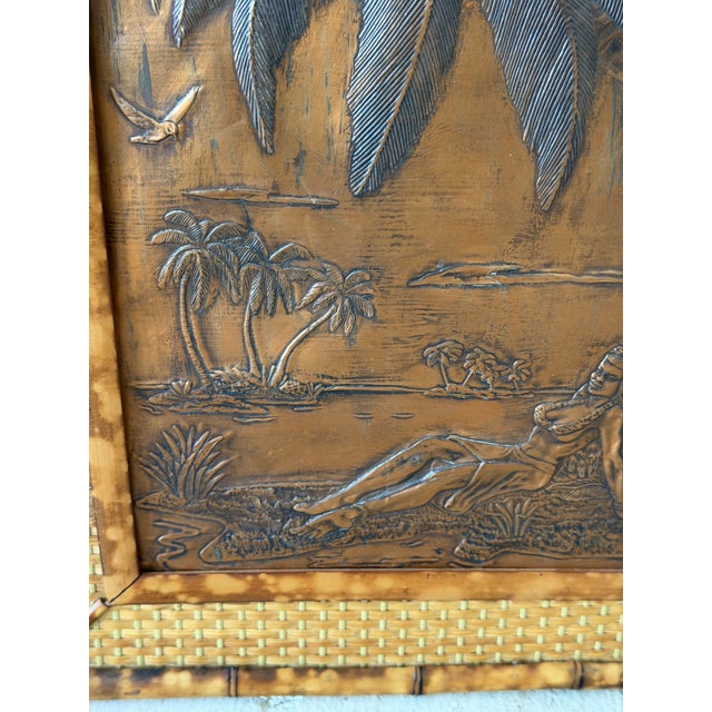 Vintage Hawaiian Tiki Copper Relief in Tortoise Bamboo Frame With Woven Rattan Mat For Sale In Naples, FL - Image 6 of 12