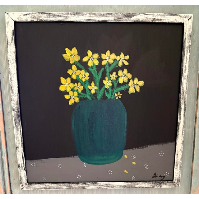 Farmhouse Rustic Whimsical Framed Flowers in a Vase Artisan Painting For Sale - Image 3 of 9