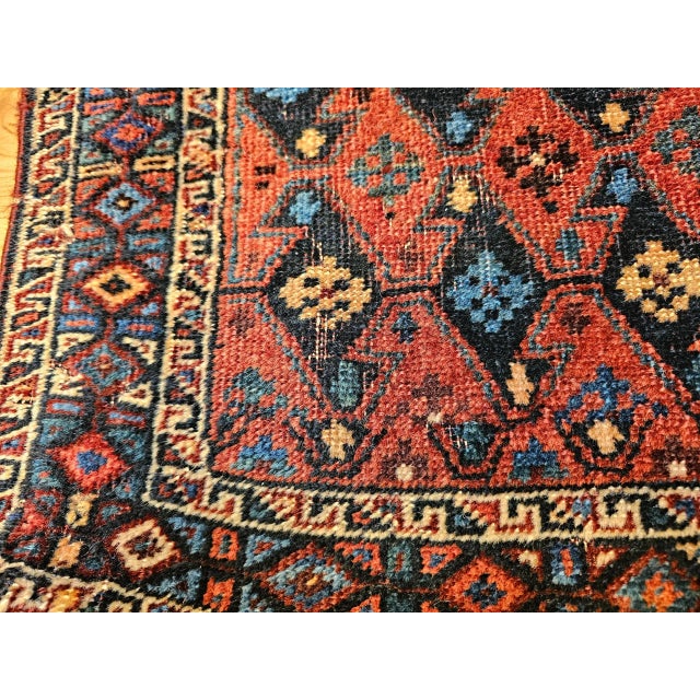 Textile Vintage Persian Kurdish Saddlebag Bagface, Handwoven Tribal Art, Burgundy & Navy, 2’ X 2’ For Sale - Image 7 of 10