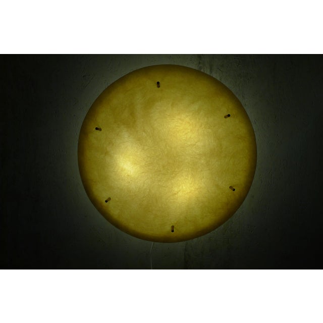 Rare ceiling or wall light with fiberglass shade. Nice glass structure in the shade. Suited with three E27 lamp sockets....