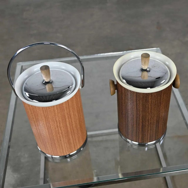 Wood Vintage Mid-Century Modern Pair Kromex Ice Buckets 1 Light 1 Dark Woodgrain Textured Metal - Set of 2 For Sale - Image 7 of 13