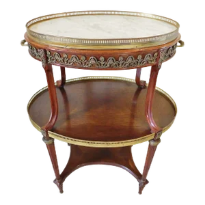 Antique French Louis XV Bronze Ormolu Mahogany Wood Marble Top Two Tier Dessert Table W/ Drawer