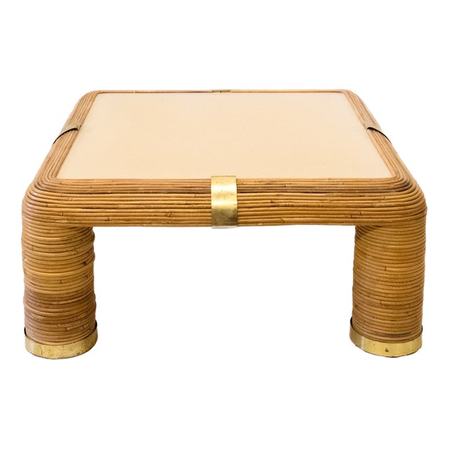 Bamboo and Brass Coffee Table with Ivory-Colored Top, 1970s For Sale