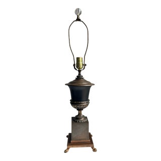 Vintage Mid 20th Century Neoclassical Black Urn on Footed Pedestal Brass Accent Lamp For Sale