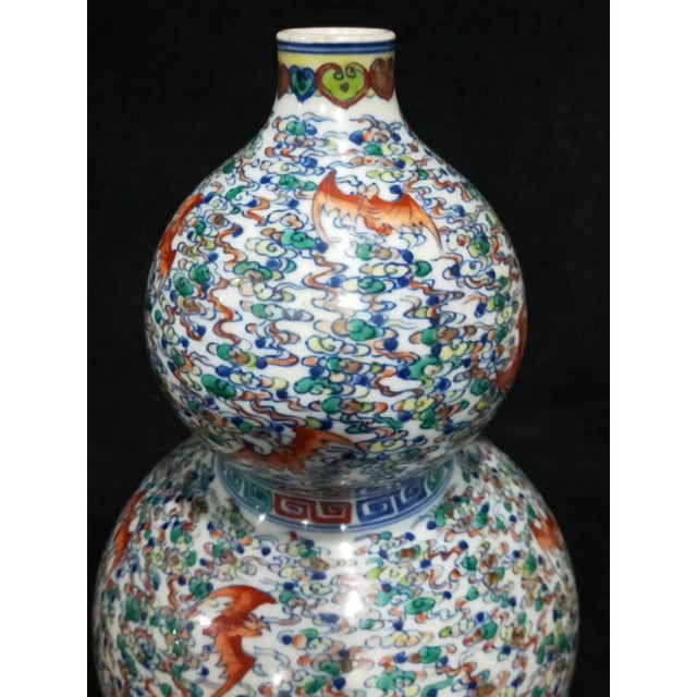 Ceramic Mid 19th Century Chinese Porcelain Vase Qing Dynasty Qianlong Marked Blue and White Doucai Porcelain Double-Gourd Vase Hand Painted Bat Pattern For Sale - Image 7 of 9
