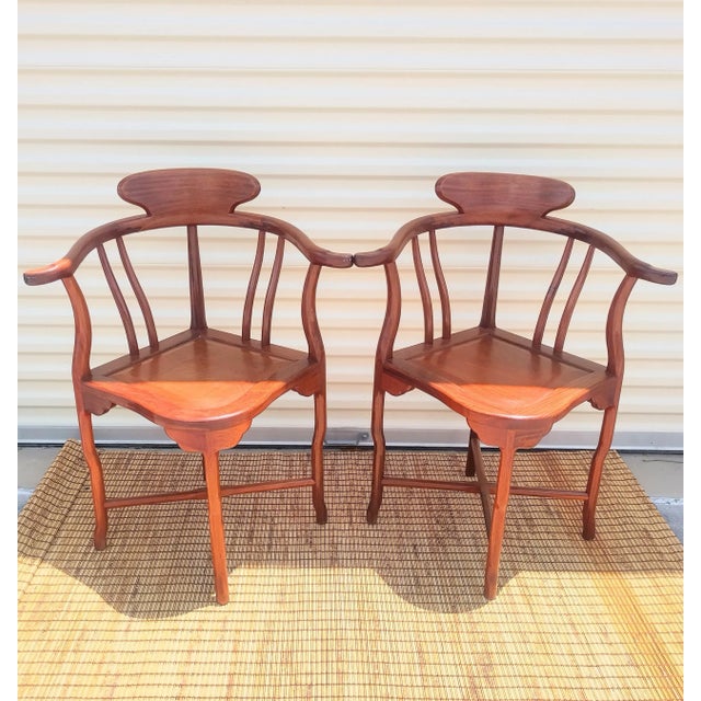 Brown Vintage Mahogany Asian Chinoiserie Style Corner Side Chair- a Pair For Sale - Image 8 of 9