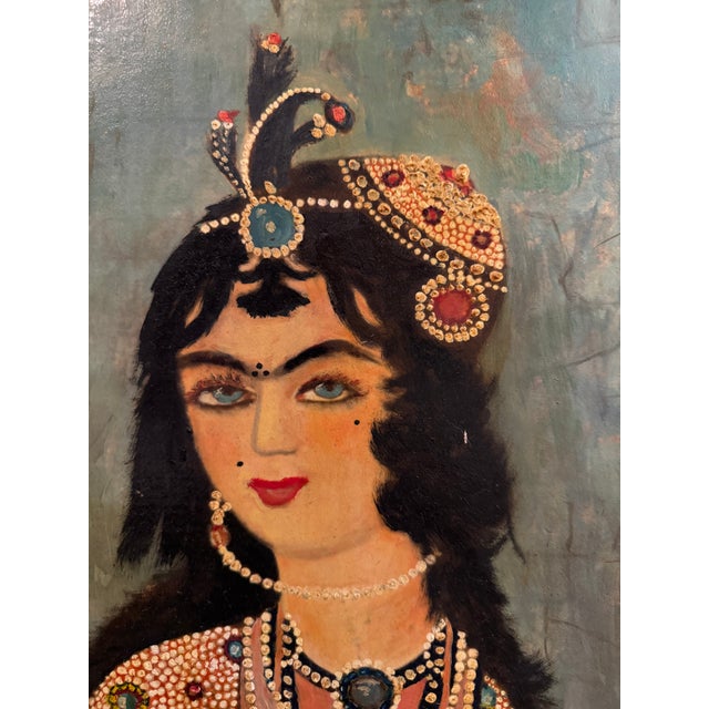 Black A Palatial Persian Hand Painted Oil on Board Painting For Sale - Image 8 of 10