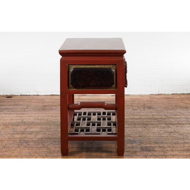 Mid 19th Century Chinese Red Lacquered Console Table with Hand Carved Drawers & Geometric Shelf For Sale - Image 5 of 12