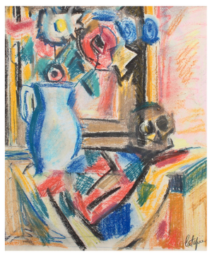 Louis Latapie, Bouquet of Flowers with Vanitas, 1930s, Wax Crayon on Paper, Framed