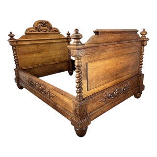 Antique French Style Oak Double Bed Frame with Carved Headboard For Sale