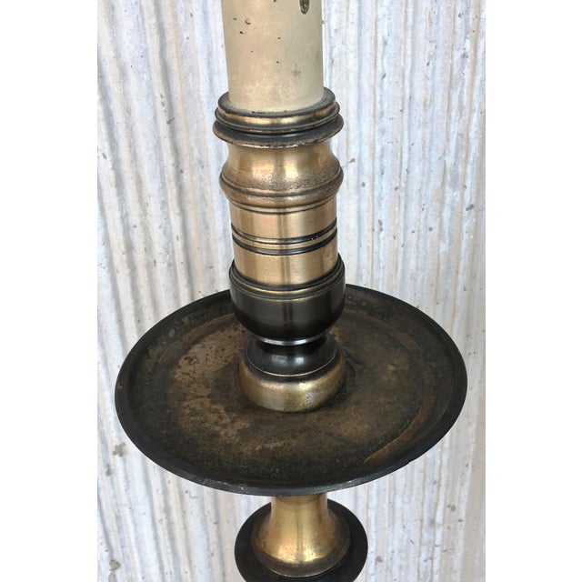 Traditional 20th Pair of Spanish Renaissance Style Bronze Pricket Floor Lamps, Torchères For Sale - Image 3 of 9