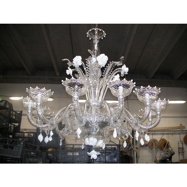 Venetian Romantic Floral Transparent and White Murano Glass Chandelier For Sale - Image 11 of 11