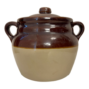 Antique Brown and Cream Stoneware Double-Handled Bean Pot / Lidded Jar