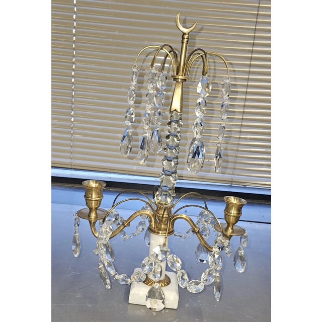 Mid 20th Century Pair of Crystal and Brass Two Light Candle Table Sconces on Marble Plinth For Sale - Image 5 of 10