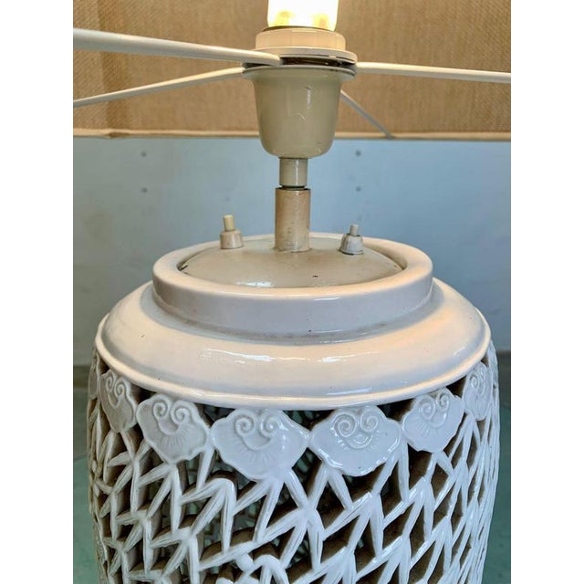 White Glazed Ceramic Table Lamp with Fabric Shade, 1960s For Sale - Image 8 of 13