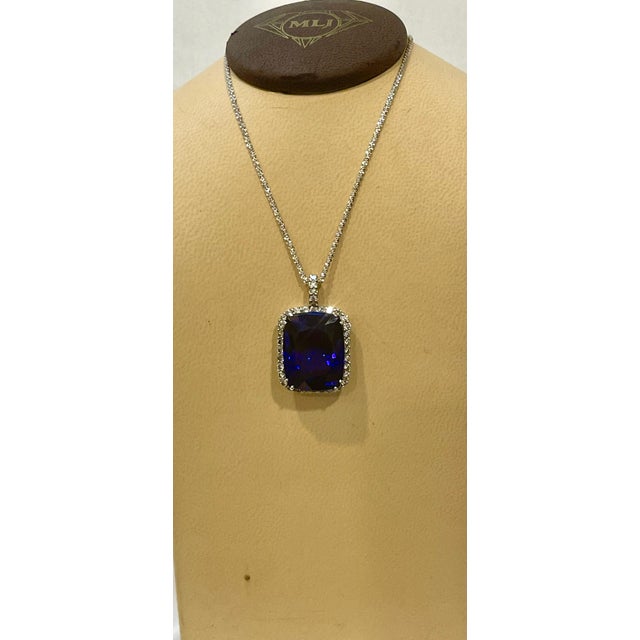 2010s 37.5 Carat Tanzanite Necklace & Diamond Pendant with Chain 14 Karat White Gold For Sale - Image 5 of 18