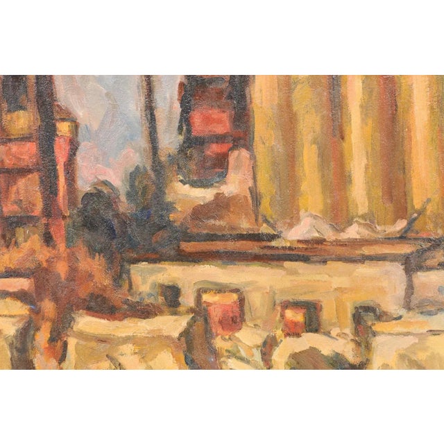 Mid-Century Abstract Painting 'Town Landscape' in a Rustic Black Wood Frame For Sale - Image 4 of 11