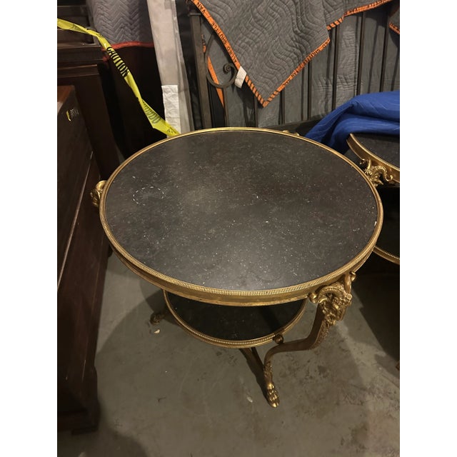 1980s Pair of French Doré Bronze Attributed to Gueridons With Rams' Heads and Belgian Marble Tops – Directoire Style For Sale - Image 4 of 12