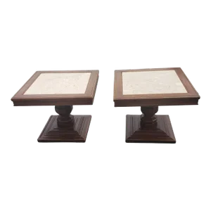 1960s Italian Pedestal Oak Side Tables With Marble Top Inserts, a Pair