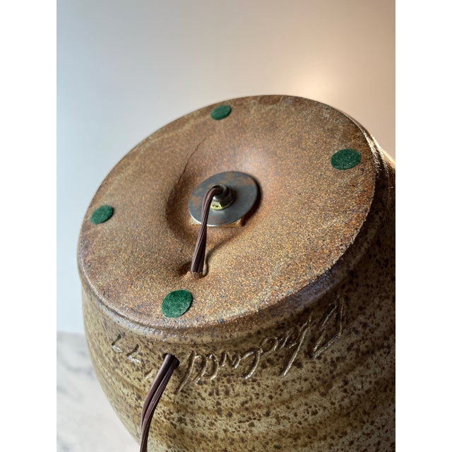 Ceramic 1977 Signed Handmade Ceramic & Wood Table Lamp — Unglazed + Speckled Glaze, Vintage Studio Craft For Sale - Image 7 of 9