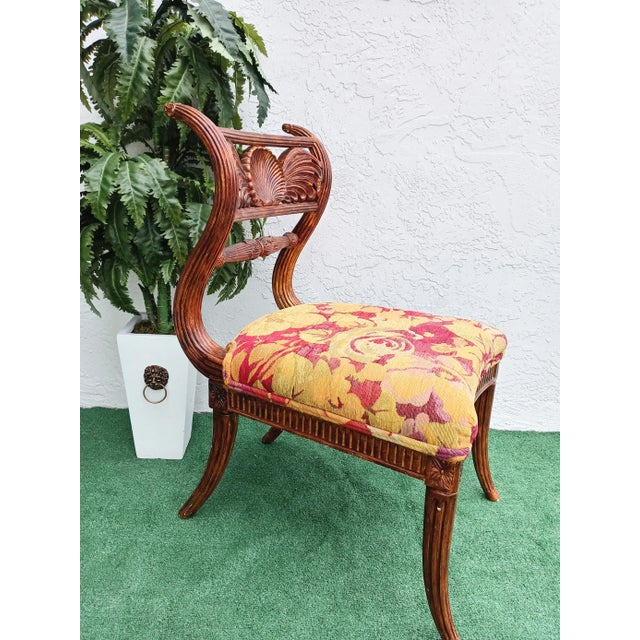Maitland Smith Bronze Carved Wood Clam Shell Curved Deep Back Upholstered Side Chair For Sale - Image 10 of 11