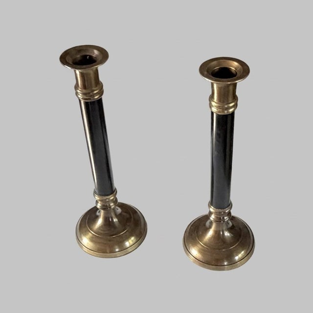 Vintage Neoclassical Brass and Black Metal Column Candlesticks, 1980s, Set of 2 For Sale - Image 6 of 10