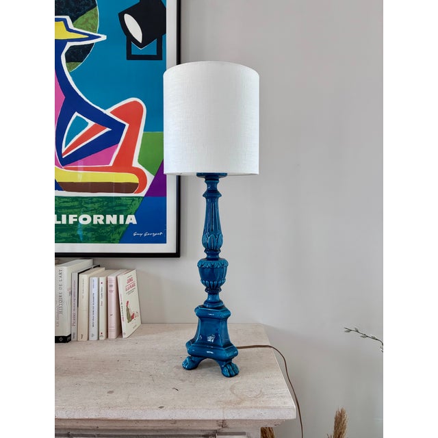 Blue Vintage Table Lamp in Turquoise Ceramic by Pol Chambost, 1960 For Sale - Image 8 of 8
