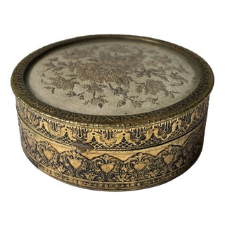 Antique Victorian Circular Trinket in Gilt Bronze & Embroidery, 1890s For Sale