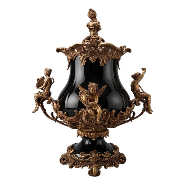 Large Covered Urn in Black Porcelain and Bronze Rocaille Decoration with Cherubs, 2010s For Sale