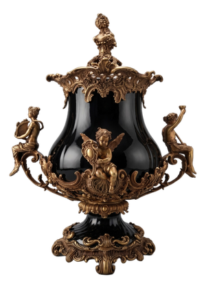 Large Covered Urn in Black Porcelain and Bronze Rocaille Decoration with Cherubs, 2010s