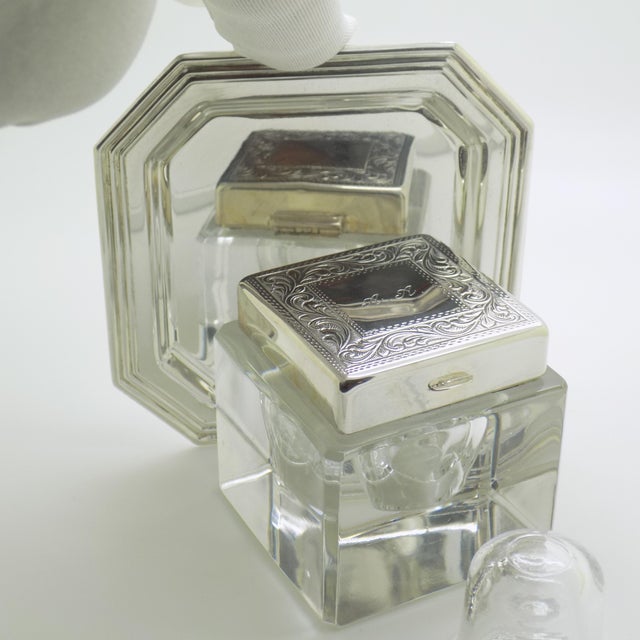 Vintage Italian Handmade Genuine Silver Inkwell in Glass and Silver with Tray from Prato Tuscany, 1970s For Sale - Image 3 of 18
