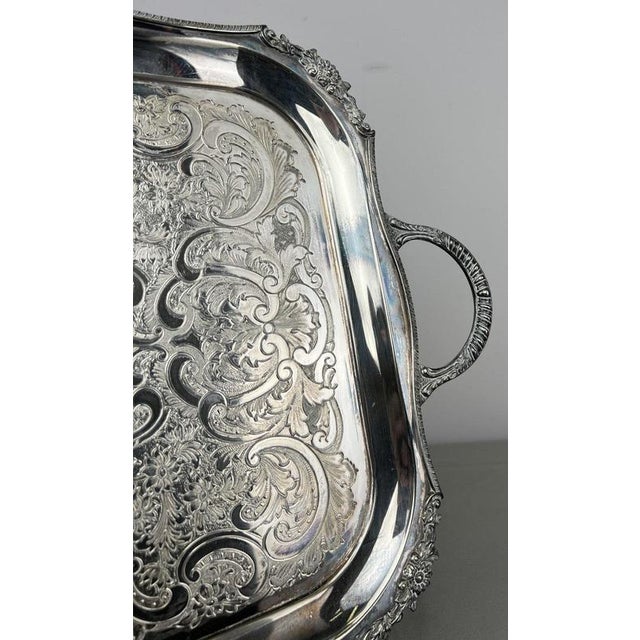 Vintage English Ornate Engraved Metal Twin Handle Tray For Sale - Image 9 of 18