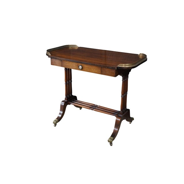 Victorian Antique English Regency Style Rosewood Mahogany & Brass Gallery Writing Table For Sale - Image 3 of 18