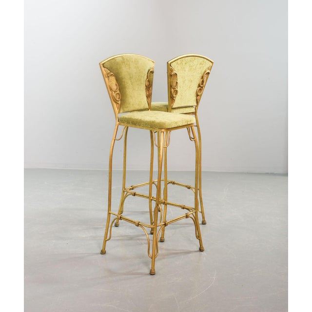 Gilded Cobra Bar Stools with Lime Green Velvet Upholstery, 1970s, Set of 2 For Sale - Image 6 of 6