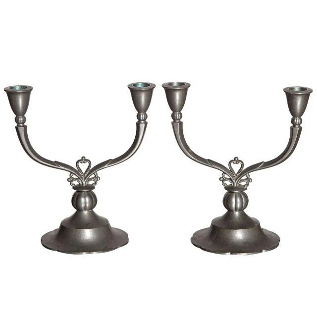 Just Andersen Crested Double Arm Pewter Candlesticks, 1929 - A Pair For Sale - Image 9 of 9