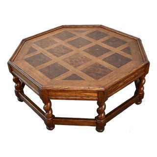 Baker Oak and Burl Coffee Table Vintage Jacobean Style Octagonal For Sale