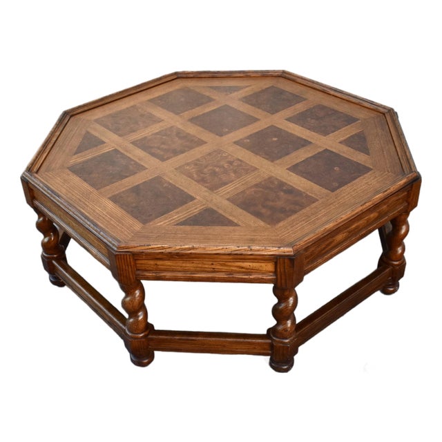 Baker Oak and Burl Coffee Table Vintage Jacobean Style Octagonal For Sale