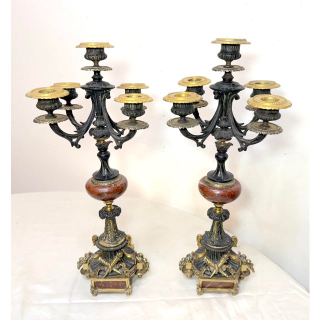 19th Century Pair Antique Ornate 1800's Patinated Gilt Bronze Marble Neoclassical Candelabras For Sale - Image 5 of 14
