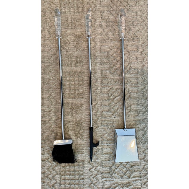 1970s Modernist Chrome and Lucite Round Fireplace Tool Set - 4 Pieces For Sale - Image 10 of 12