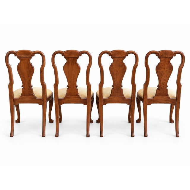 Set of 4 Vintage Queen Anne Style Burl Wood Dining Chairs For Sale - Image 4 of 7