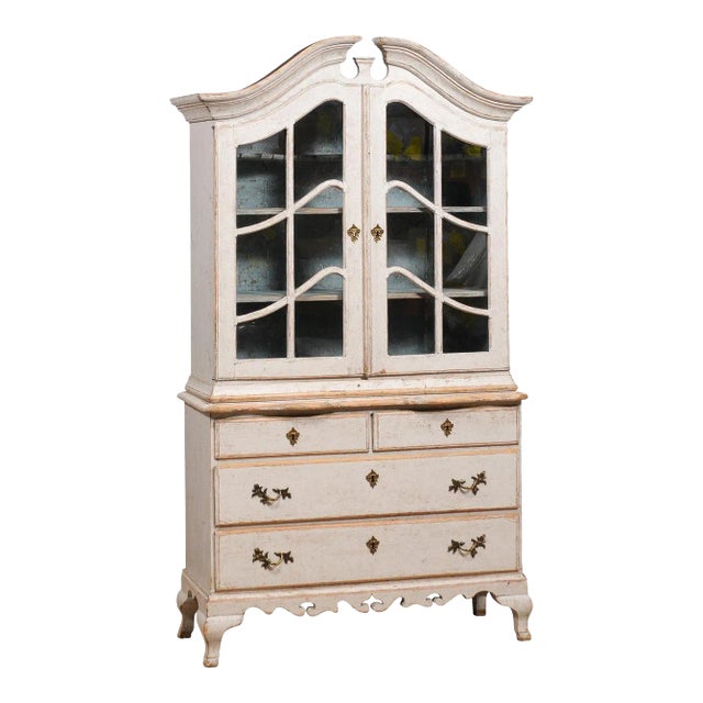 Rococo Style 1850s Swedish Light Grey Painted Bonnet Top Vitrine Cabinet For Sale