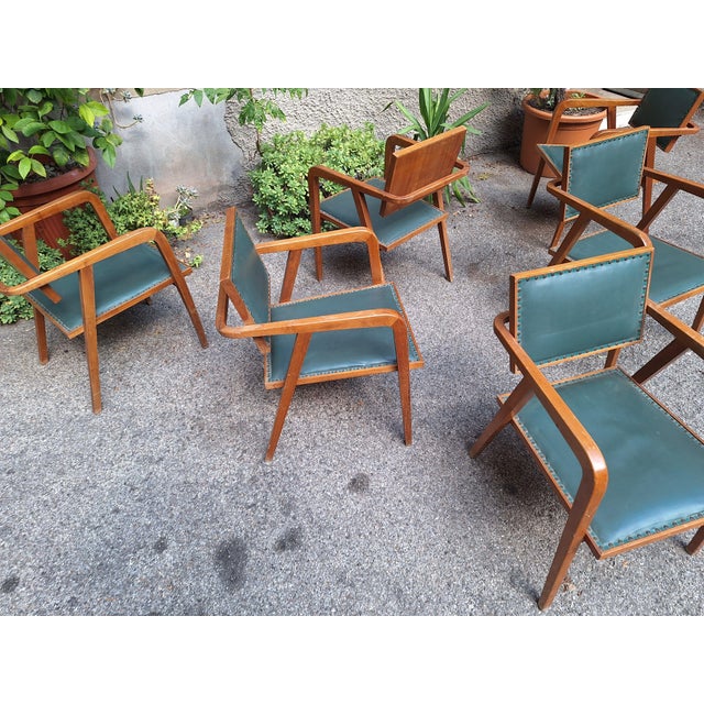 1940s Armchairs in Walnut and Green Leather by Franco Albini, Set of 6 For Sale - Image 5 of 16