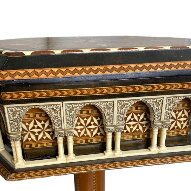 1960s Moroccan Inlaid Side Table Hexagonal Teak Pedestal Table Damascus Style For Sale - Image 4 of 8