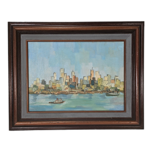 Vintage Modernist Cityscape Sea Port Painting Oil on Board Framed 18" X 22"