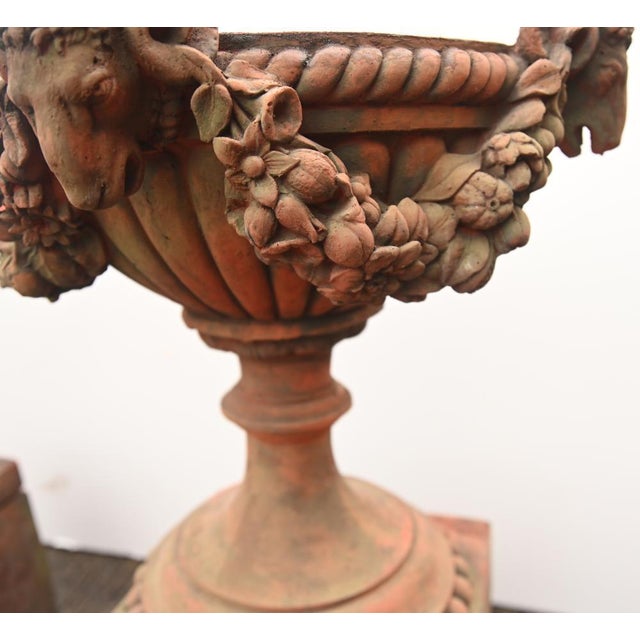 English Country Terracotta Garden Urns with Rams Heads, Set of 2 For Sale - Image 12 of 13