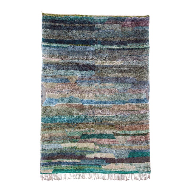 Abstract Striped Horizon Hand-Knotted Wool Rug | 9'11" X 7'1" | One of a Kind For Sale