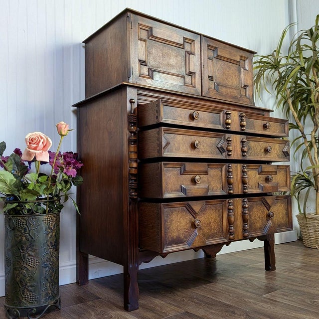 Vintage Burl Wood Spanish Revival Chest-on-Chest Dresser For Sale - Image 4 of 16