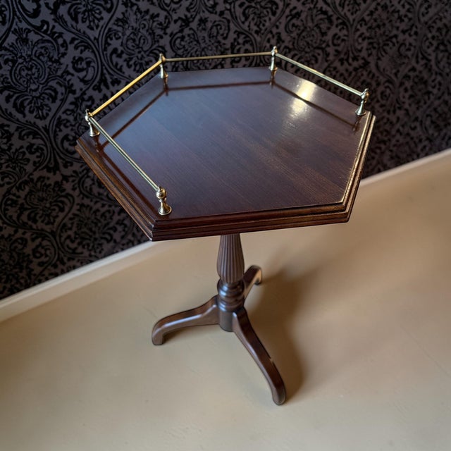 Ethan Allen Georgian Court Hexagon Side Drinks Table With Brass Rail For Sale - Image 11 of 11