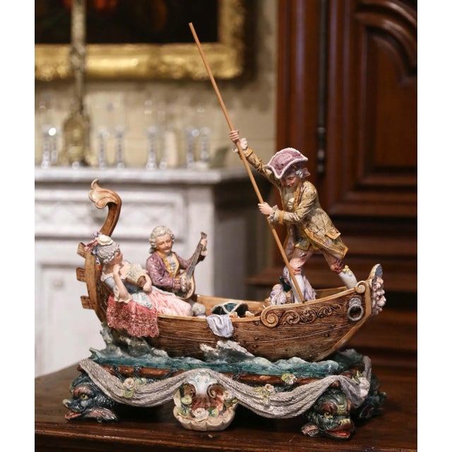 Ceramic Early 20th Century French Barbotine Venetian Boat Figural Centerpiece For Sale - Image 7 of 13