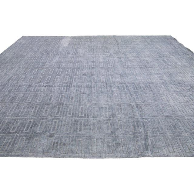 Modern Comtemporary Handmade Wool & Silk Rug With Gray Geometric Pattern For Sale - Image 3 of 8